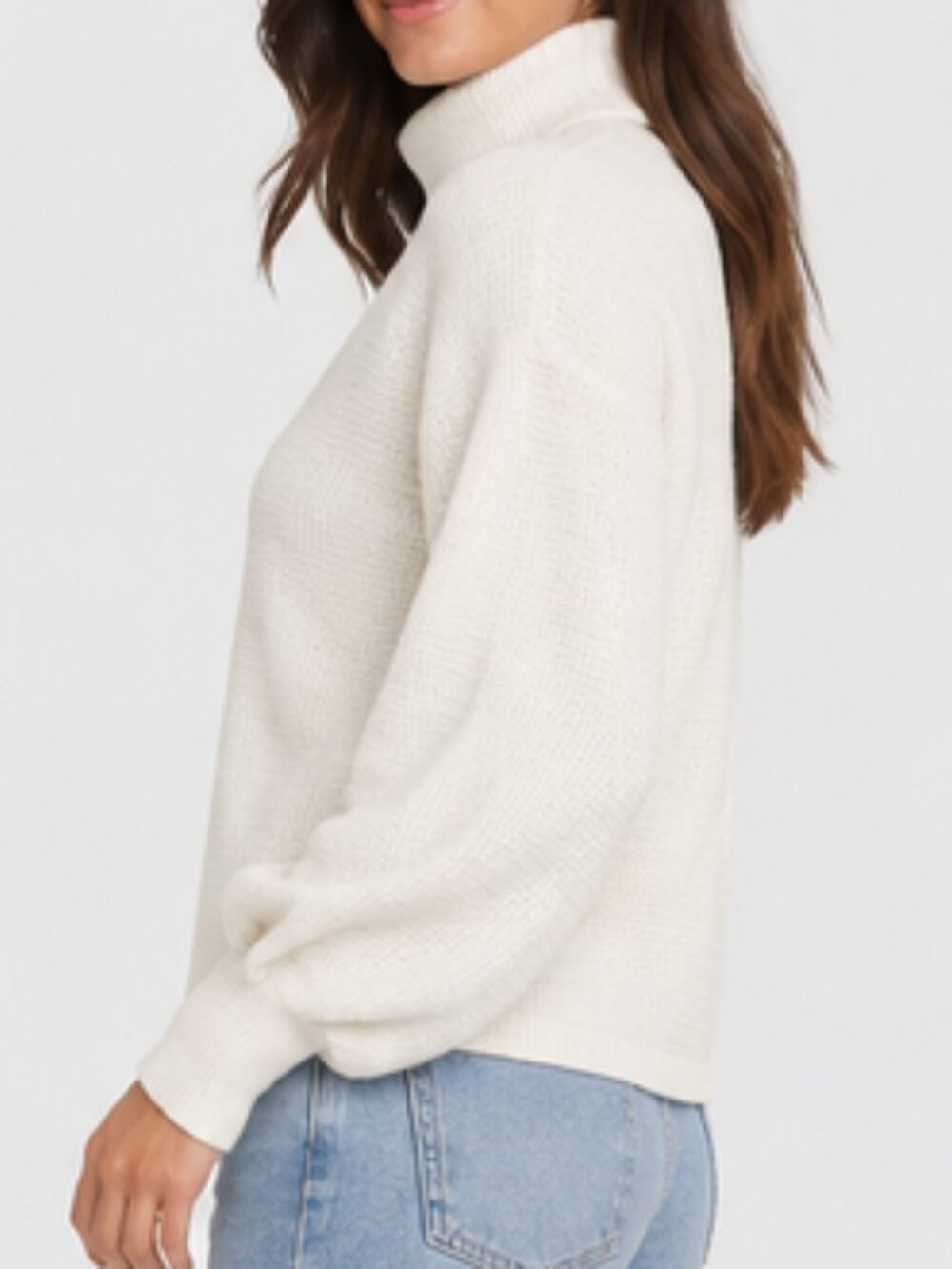 Cream Waffle Knit Mock Neck Sweater Balloon Sleeve Women's Size S/M